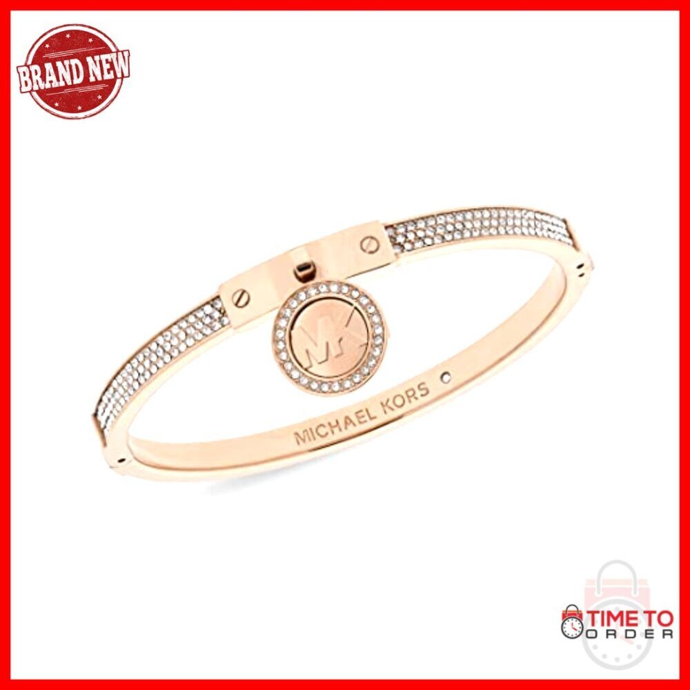 Rose Gold-Tone Bangle Bracelet Elegant Minimal Chic Hinge Closure Pavé Accents - Picture 2 of 6